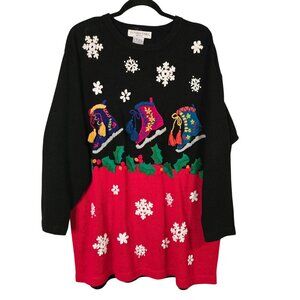 Vintage‎ Ugly Novelty Christmas Holiday Sweater Embroidered Holly Snowflakes